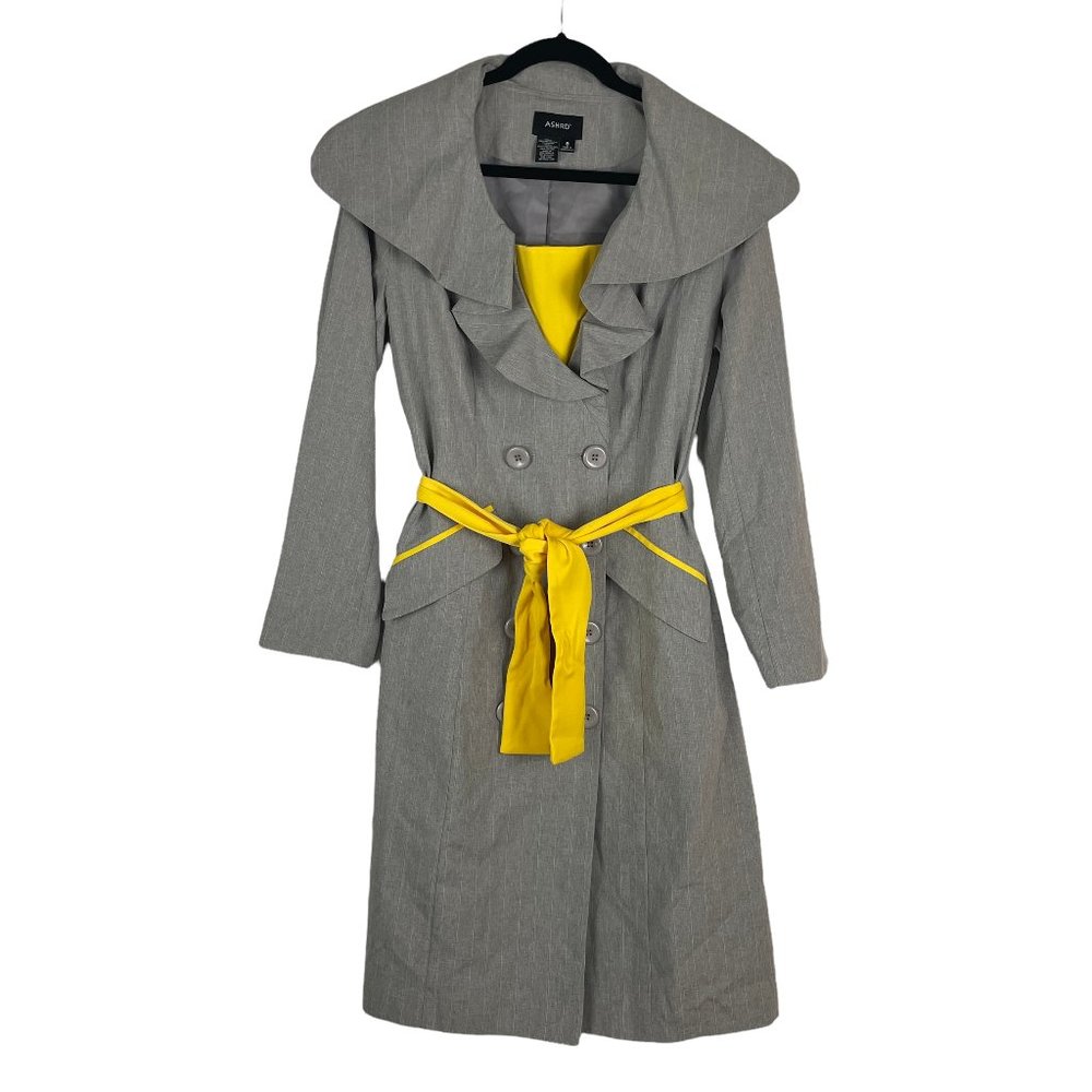 ASHRO YELLOW GRAY PINSTRIPE DOUBLE BREASTED TRENCH COAT SUIT DRESS  SIZE 8